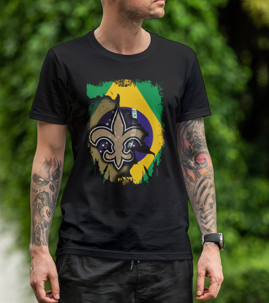 Brazilian Flag With New Orleans Saints Fleur-de-Lis Emblem T-Shirt