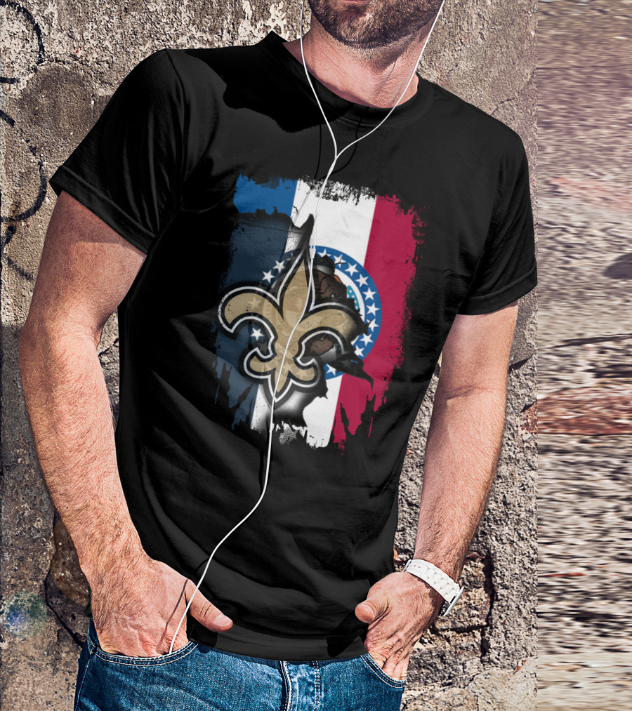 Missouri Flag With New Orleans Saints Fleur-de-Lis T-Shirt