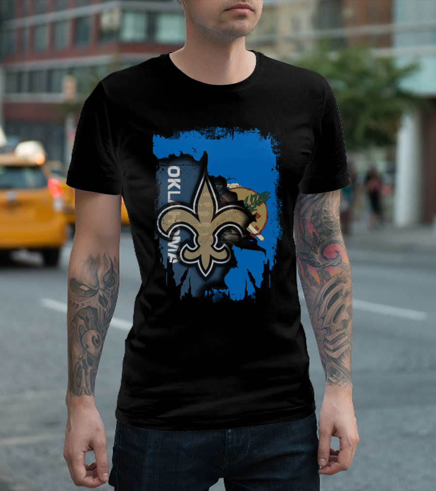 Oklahoma State Flag with New Orleans Saints Fleur-de-Lis T-Shirt