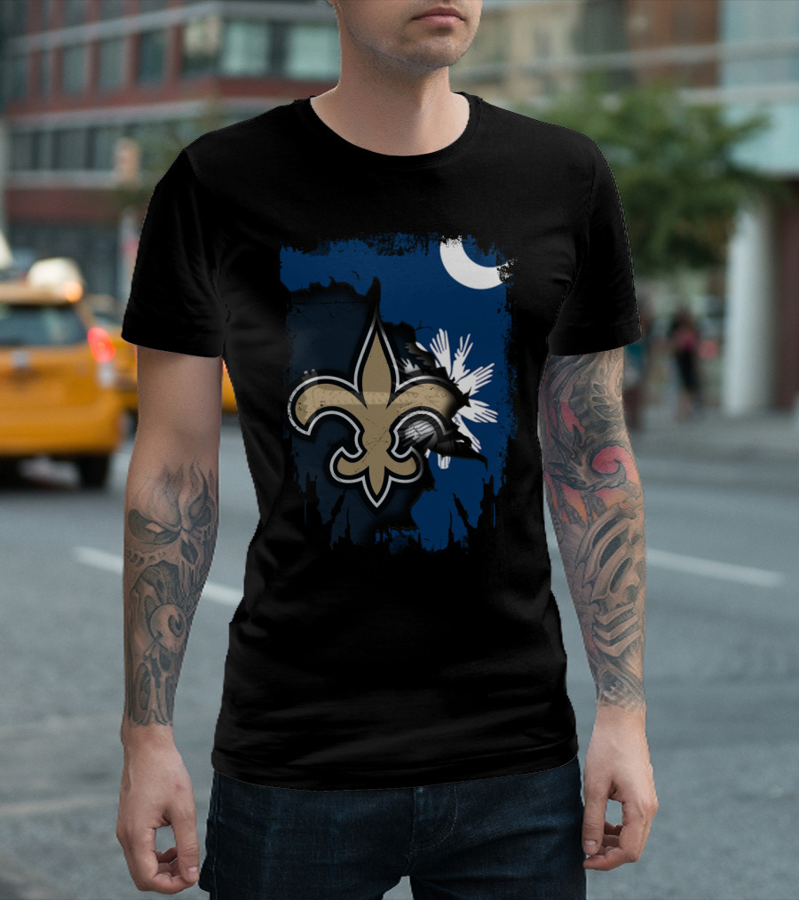Together South Carolina with New Orleans Saints Fleur-De-Lis Moon Palmetto Tree T-Shirt