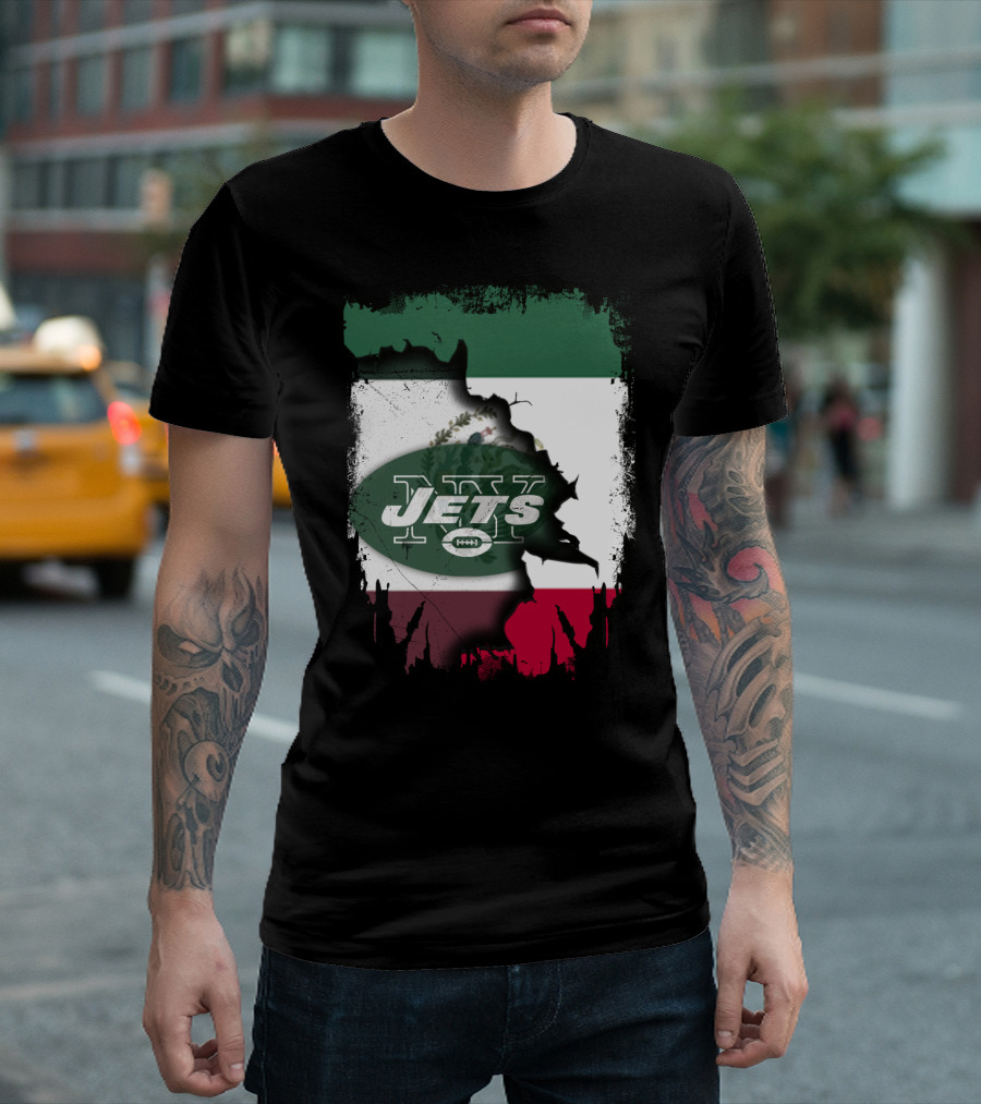 Mexico Flag Background with NY Jets Logo and Aztec Eagle T-Shirt