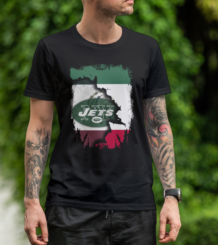Mexico Flag Background With NY Jets Logo And Aztec Eagle T-Shirt