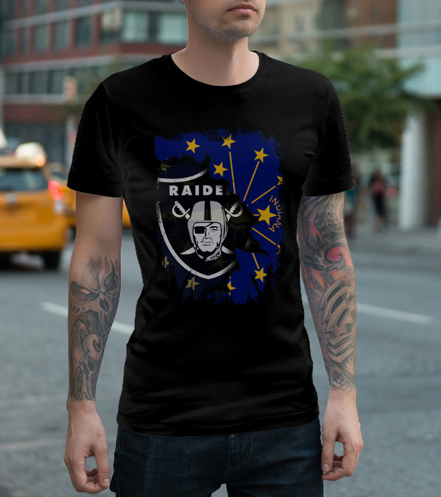 Raiders Logo Overlay on Indiana State Flag with Stars and Helmet T-Shirt