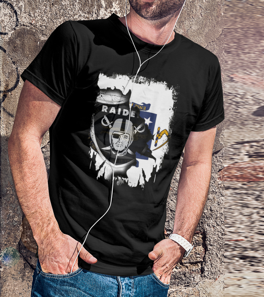 Massachusetts State Flag And Raiders Logo Fusion T-Shirt