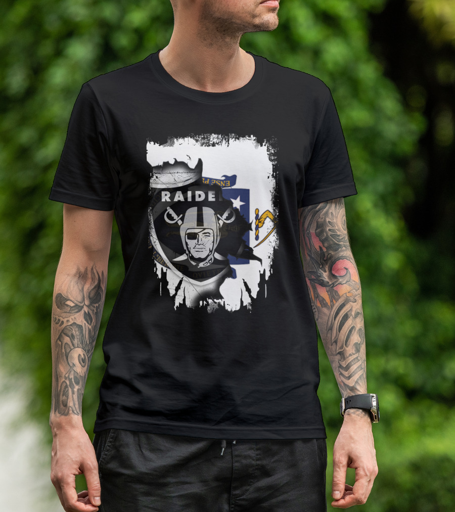 Massachusetts State Flag And Raiders Logo Fusion T-Shirt