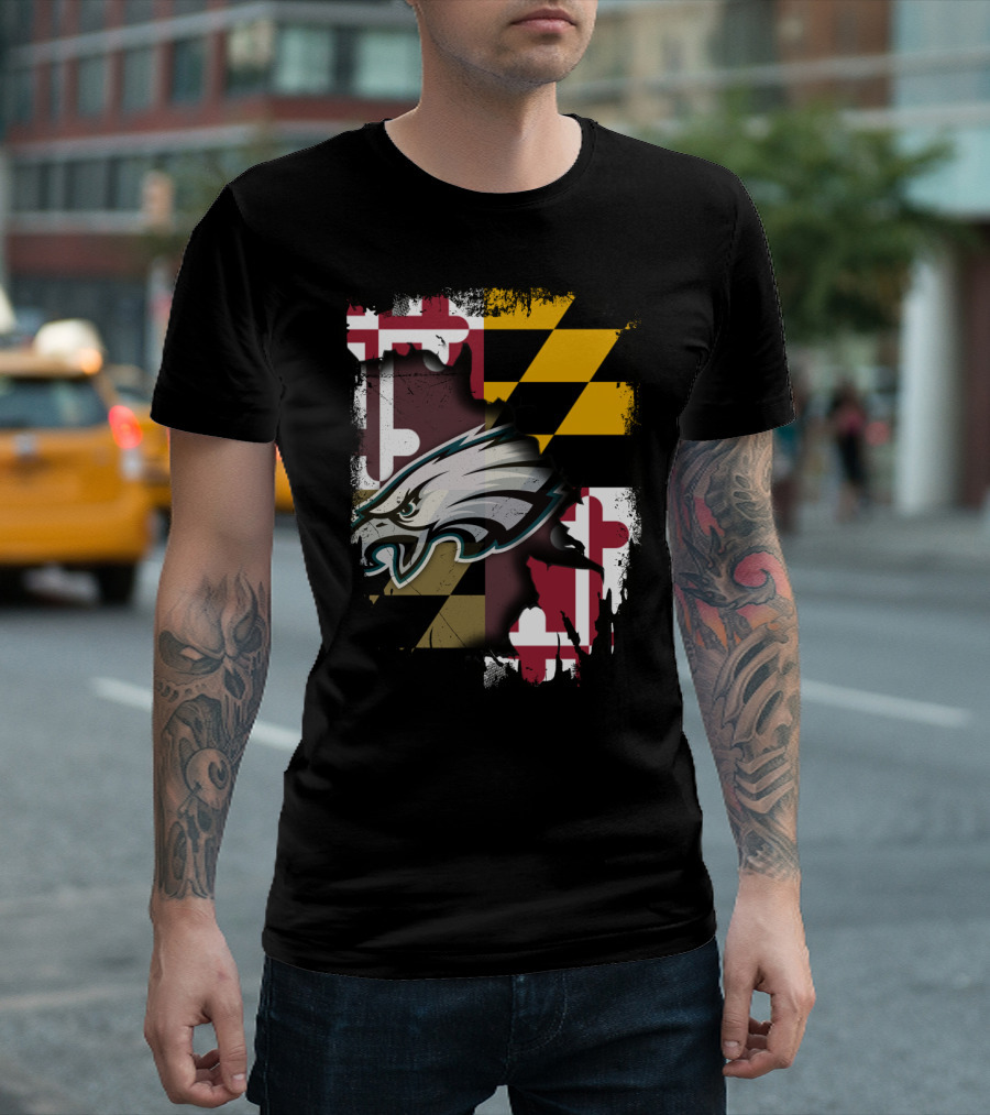 Maryland Pride Together with Eagles Logo Over State Flag T-Shirt