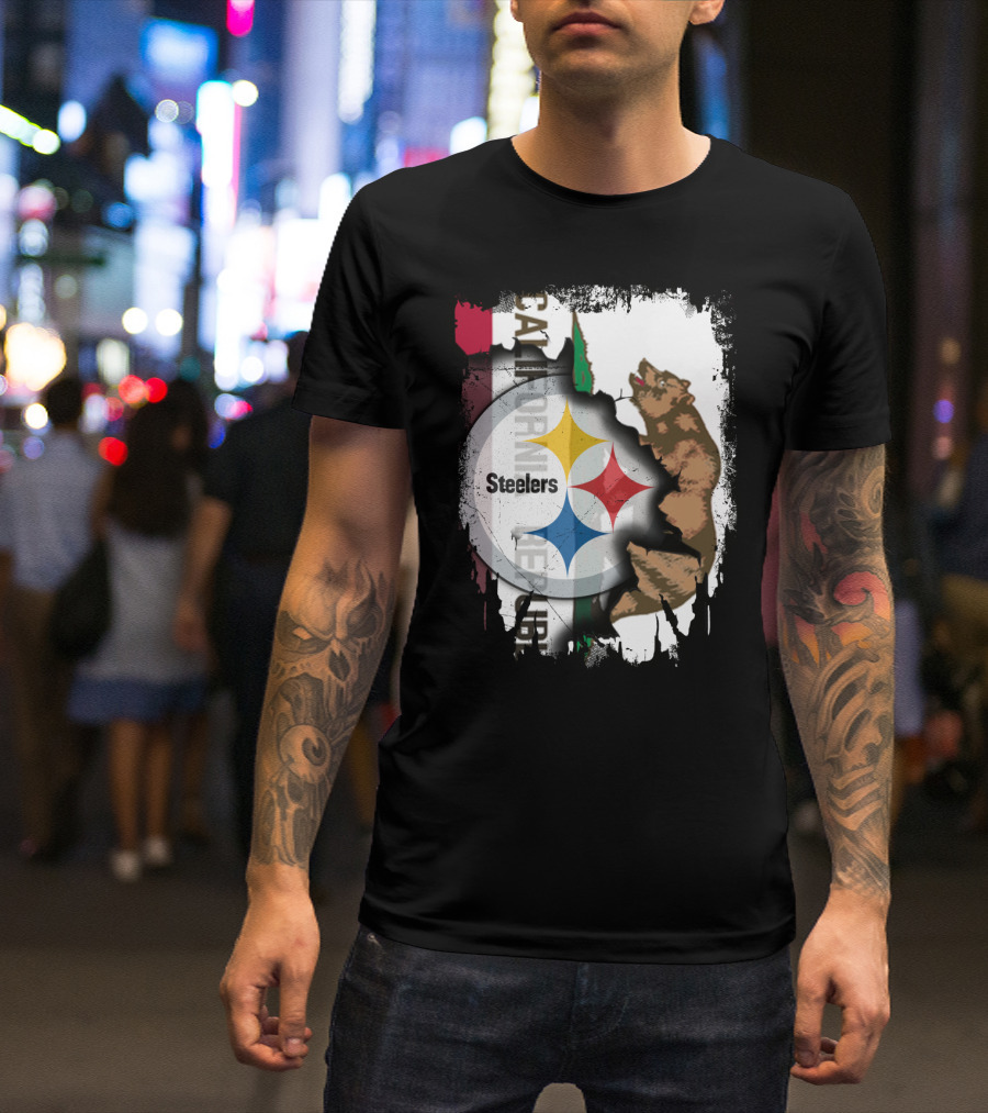 California Bear With Steelers Logo Fusion T-Shirt