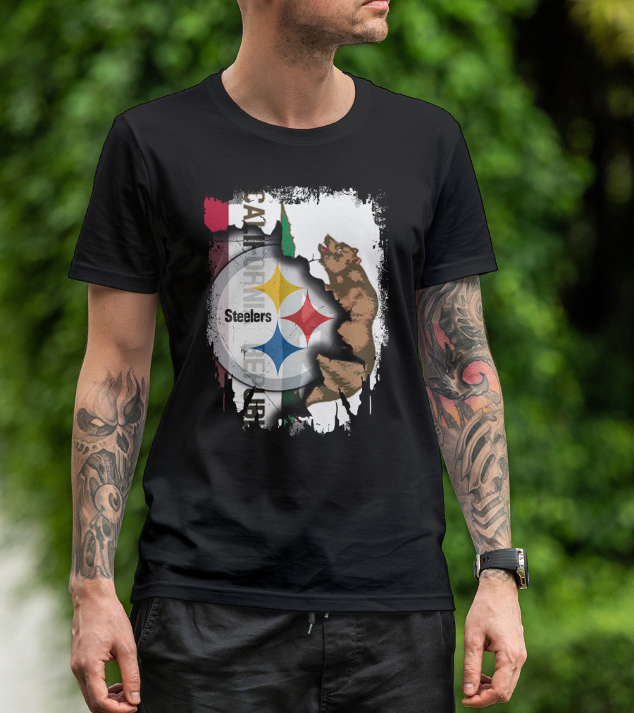 California Bear With Steelers Logo Fusion T-Shirt