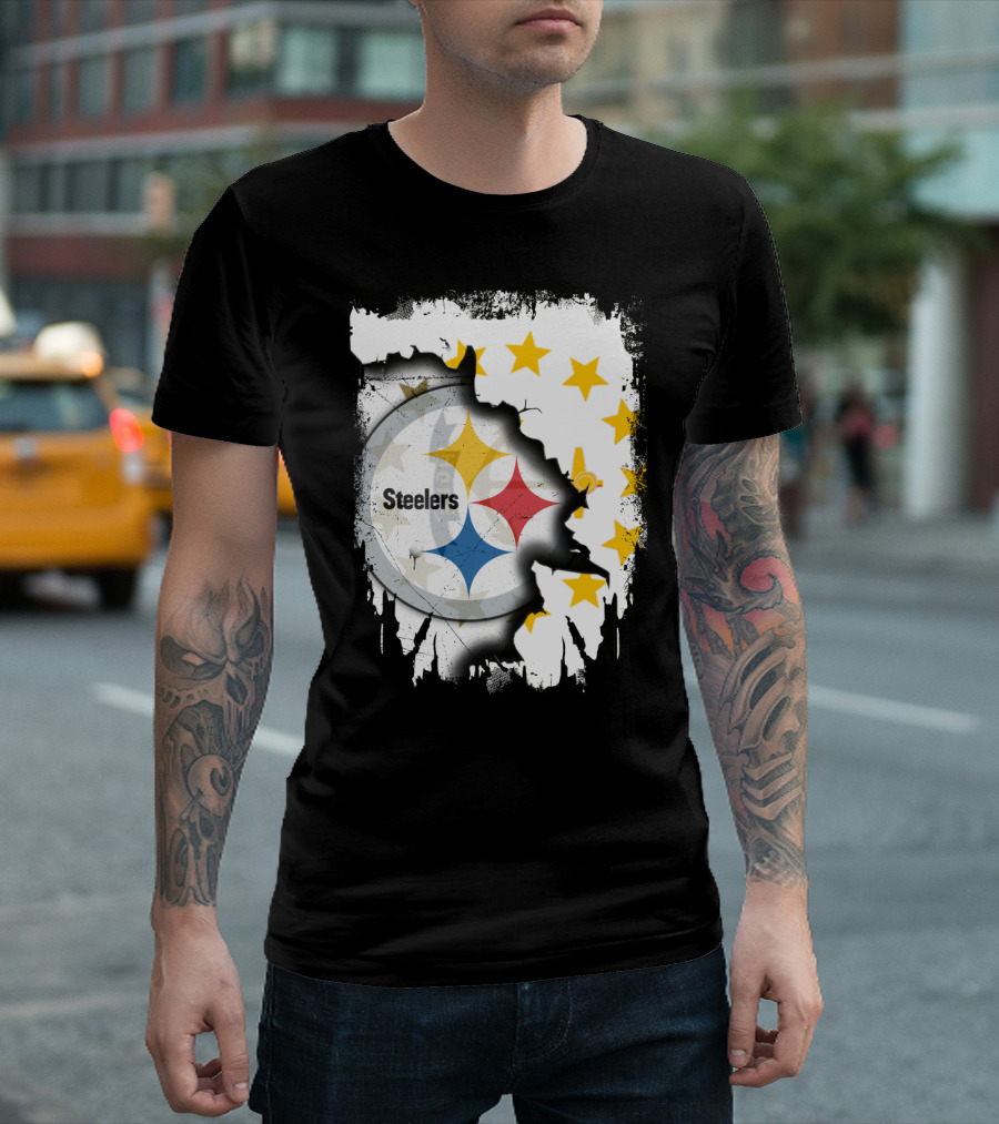 Steelers Logo with Rhode Island Stars and Torn Effect T-Shirt