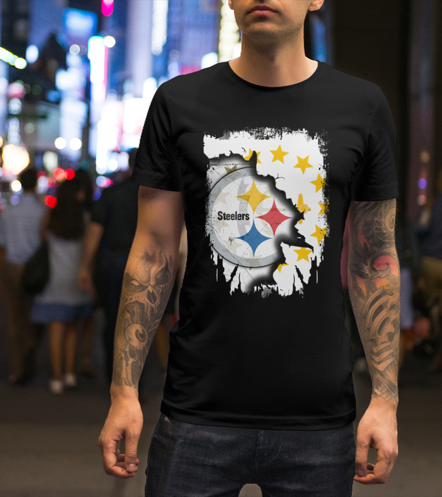 Steelers Logo With Rhode Island Stars And Torn Effect T-Shirt