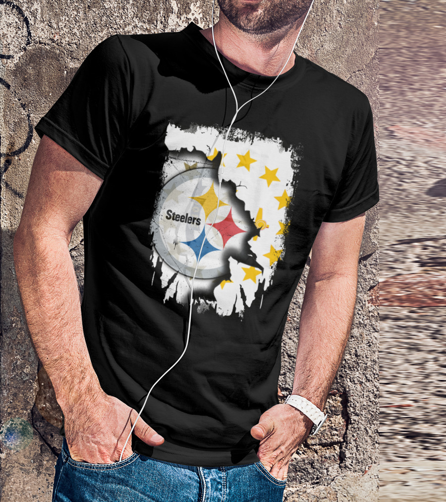 Steelers Logo With Rhode Island Stars And Torn Effect T-Shirt
