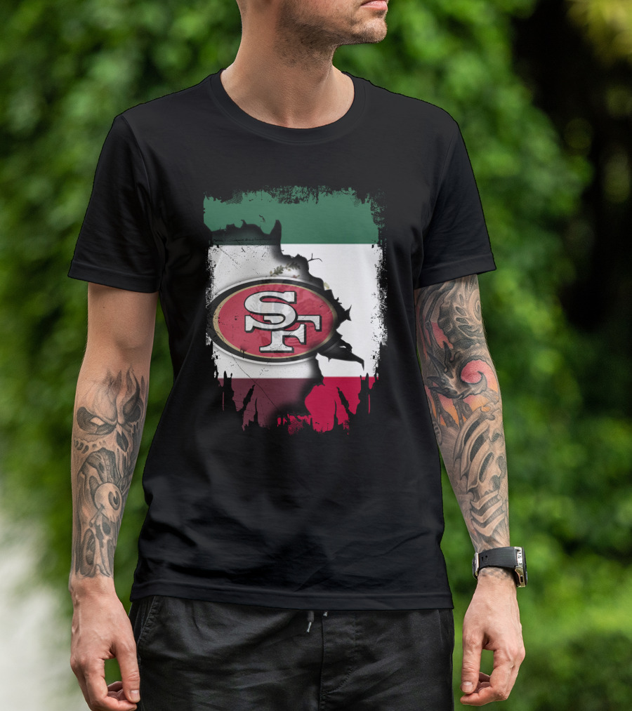 Together Mexico With 49ers SF Logo Mexican Flag Background T-Shirt