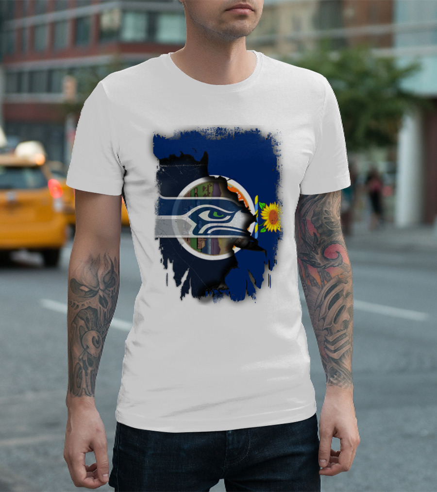 Kansas With Seahawks Heart And Sunflower Emblem T-Shirt