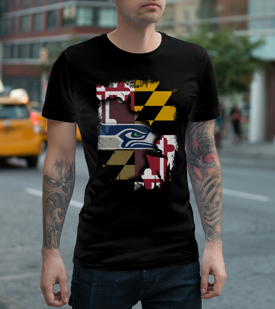 Maryland Flag And Seahawks Logo Blend T-Shirt