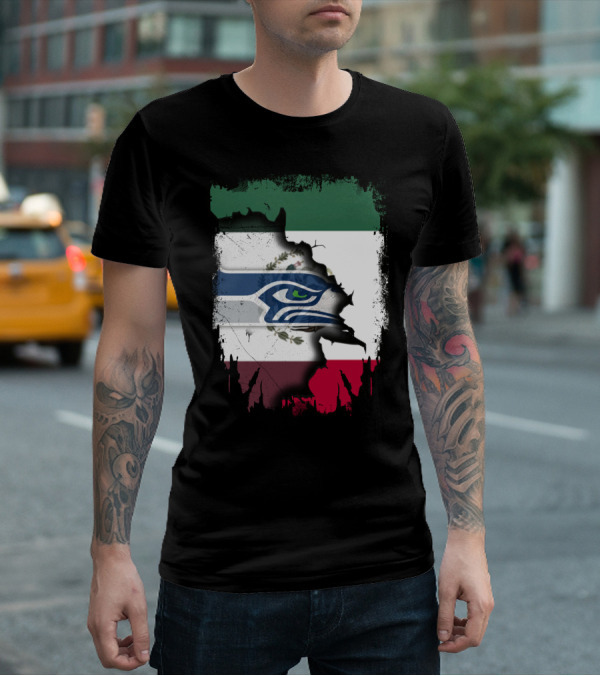 Mexico And Seahawks United With Flag And Logo Overlay T-Shirt