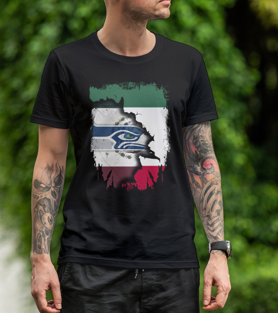 Mexico And Seahawks United With Flag And Logo Overlay T-Shirt
