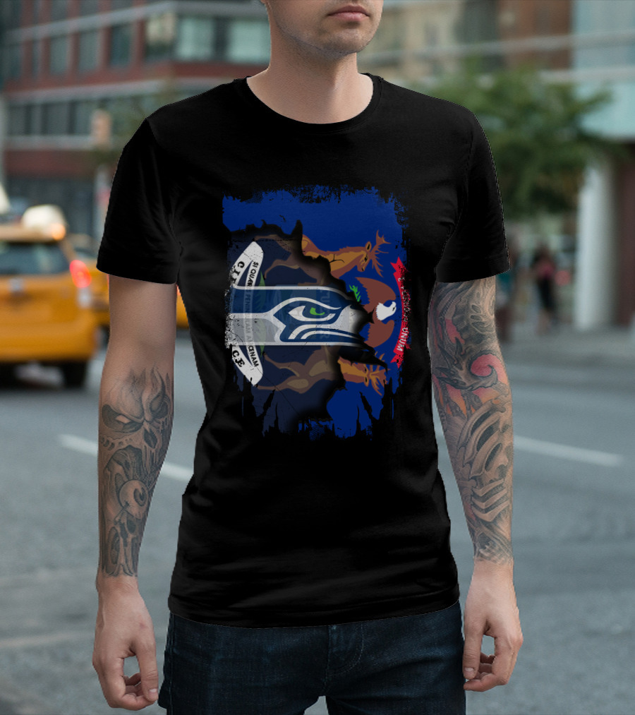 Seahawks Logo with Ripped Michigan Flag Background T-Shirt
