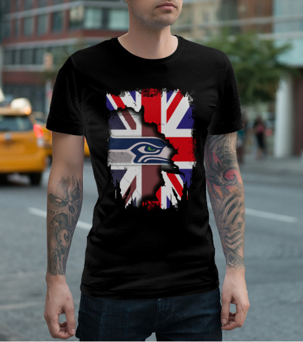 United Kingdom Flag With Seattle Seahawks Logo Integration T-Shirt