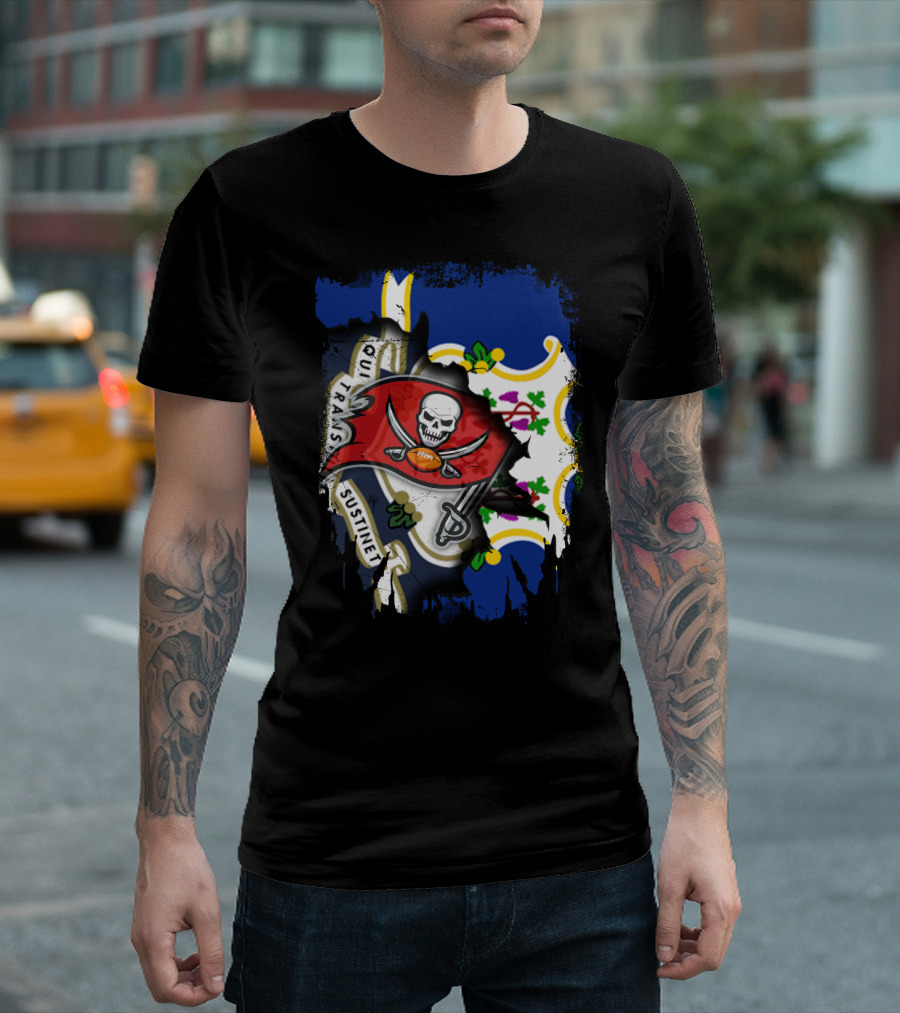 Connecticut Flag With Buccaneers Pirate Logo And State T-Shirt