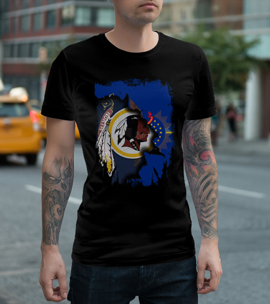 North Dakota Pride With Redskins Symbol On Blue T-Shirt
