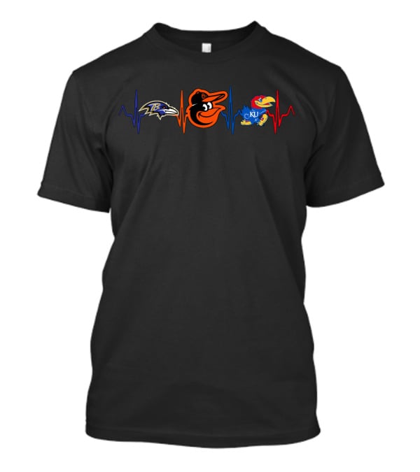 Baltimore Ravens Baltimore Orioles Kansas Jayhawks Heartbeat T-Shirt