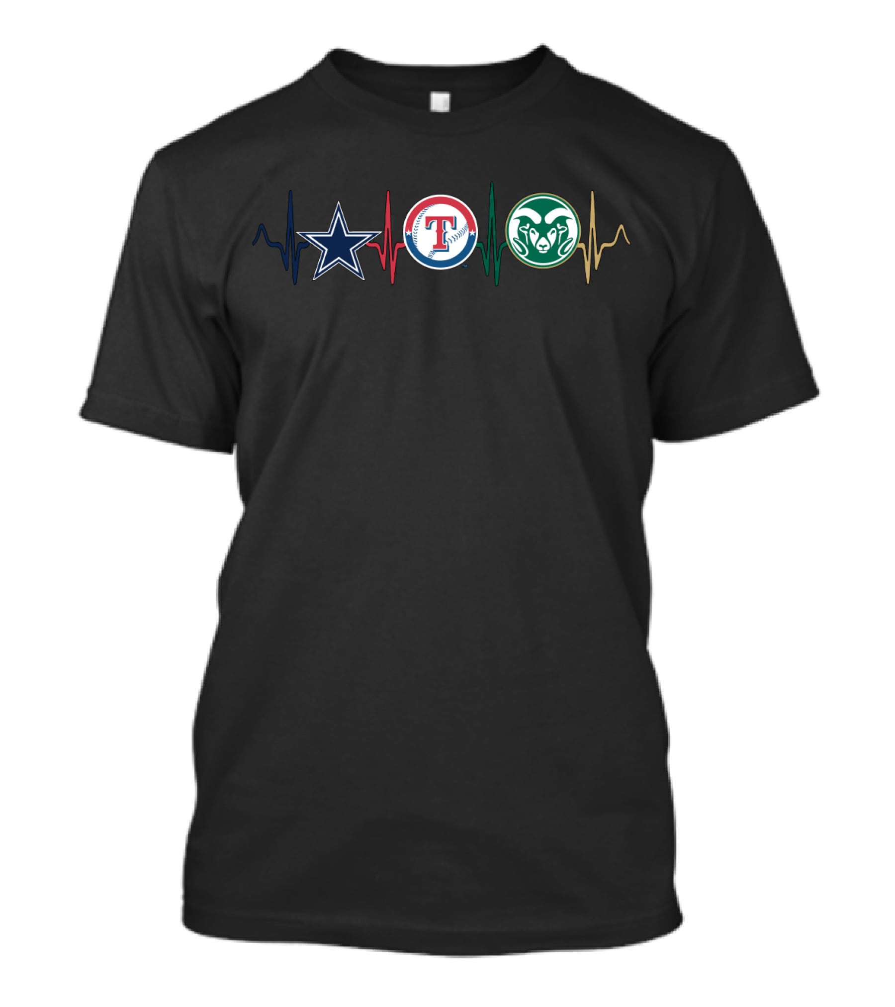 Love Cowboys Rangers Rams Logo With Heartbeat Lines T-Shirt