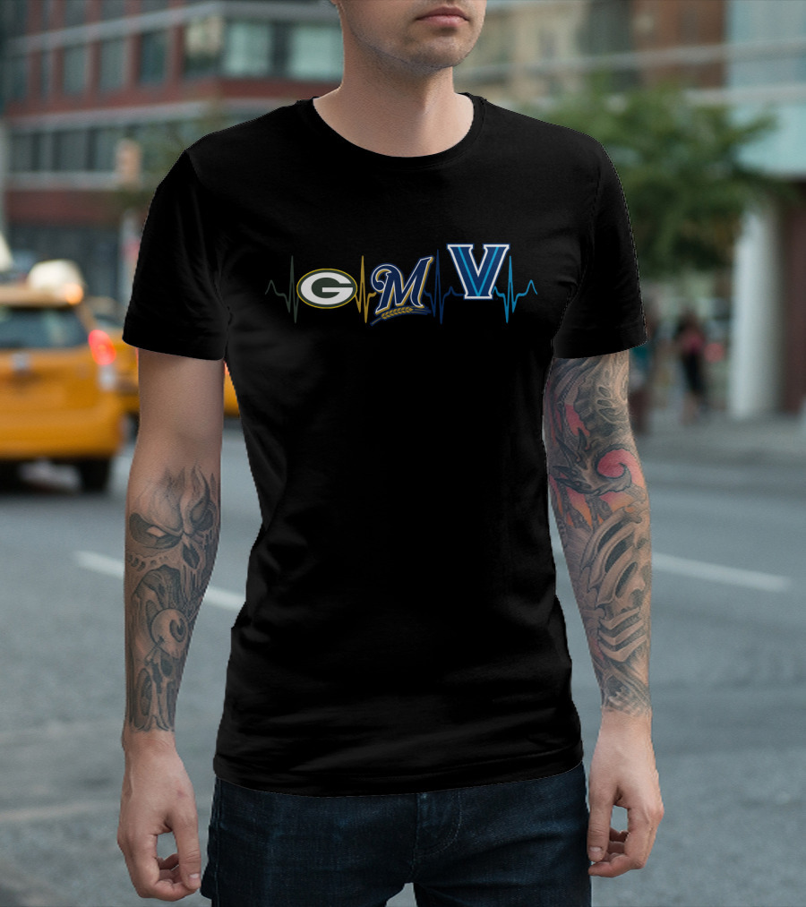 Love Green Bay Packers Milwaukee Brewers Villanova Wildcats Heartbeat T-Shirt