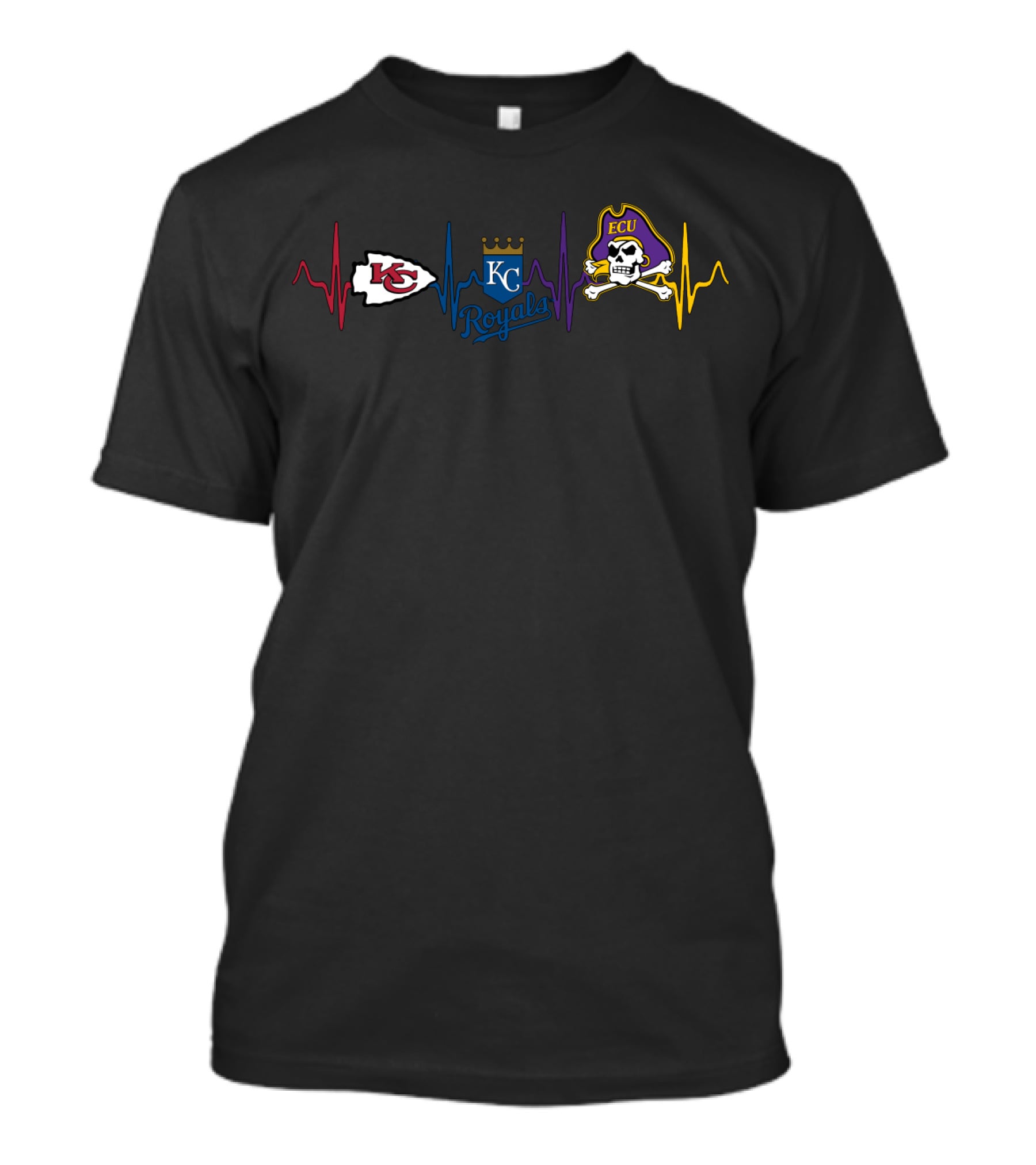Kansas City Chiefs Kc Royals Ecu Pirates Ekg Heartbeat T-Shirt