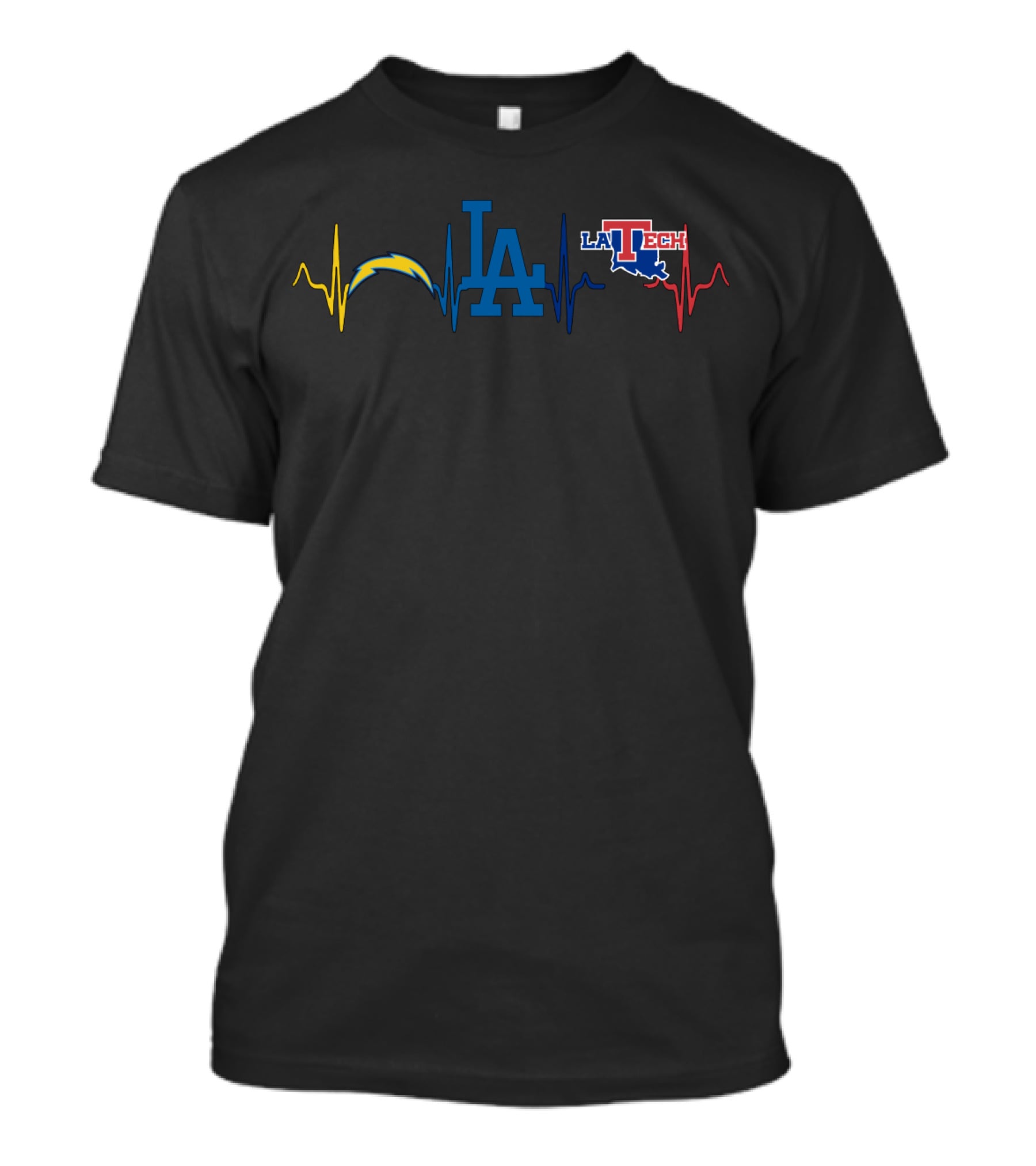 Love Chargers Dodgers La Tech Logos With Heartbeat Lines T-Shirt