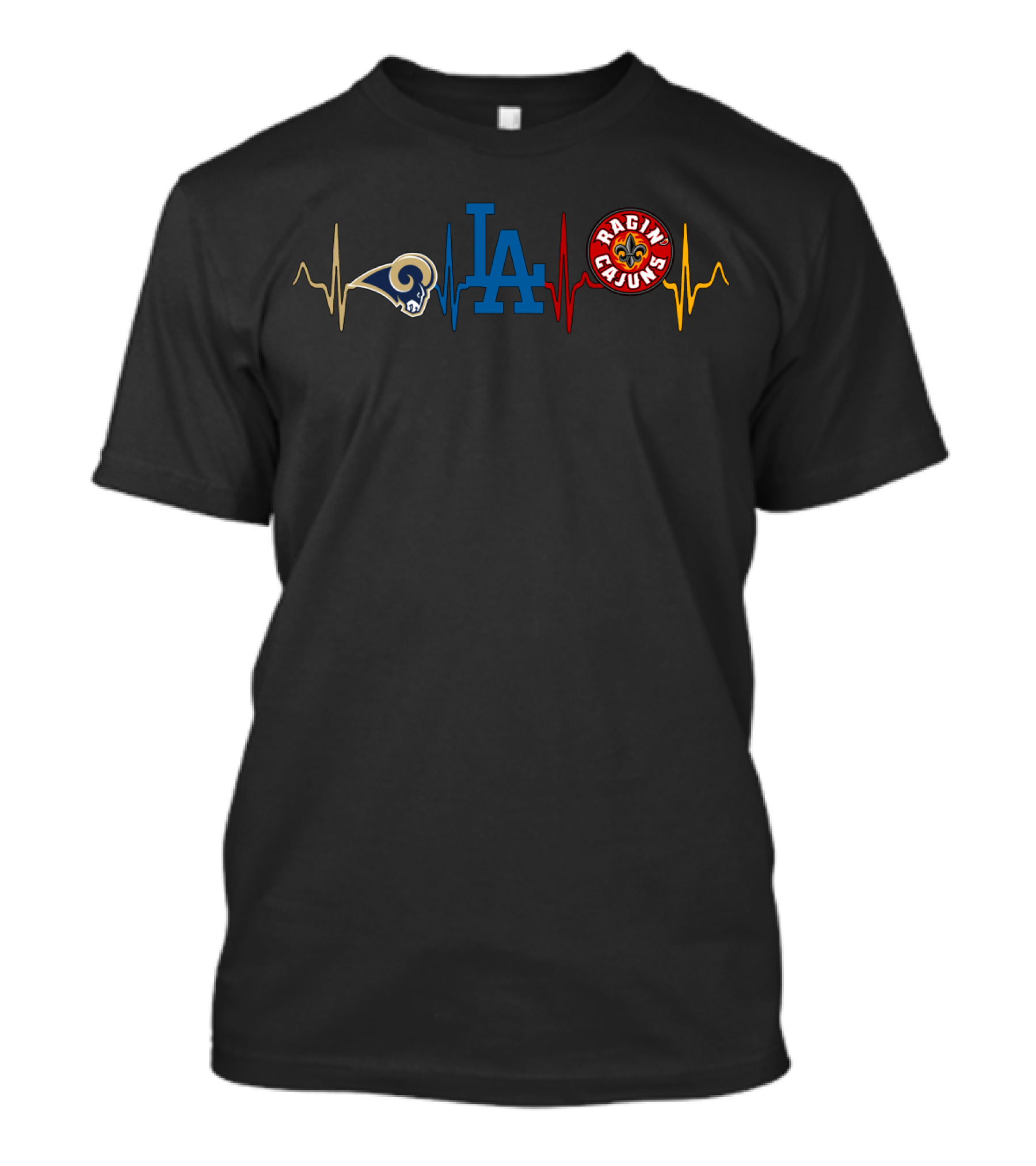 Love Rams With Dodgers With Ragin Cajuns Heartbeat T-Shirt