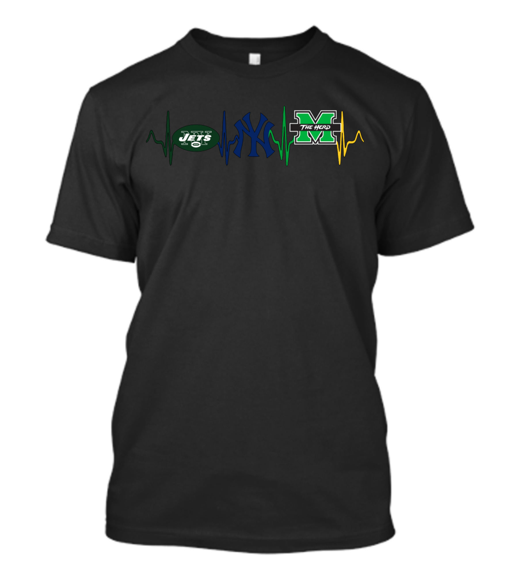 New York Jets Yankees Marshall Thundering Herd Heartbeat T-Shirt
