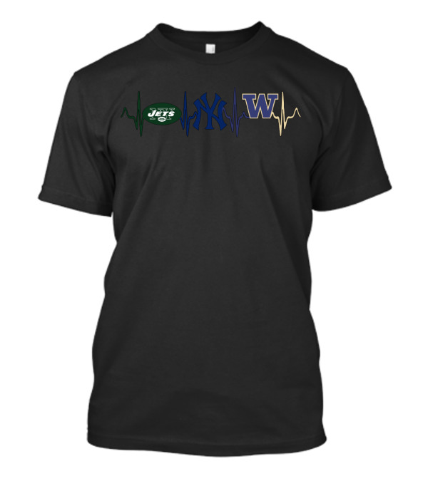 Love Jets Yankees Washington Huskies Fan Heartbeat T-Shirt