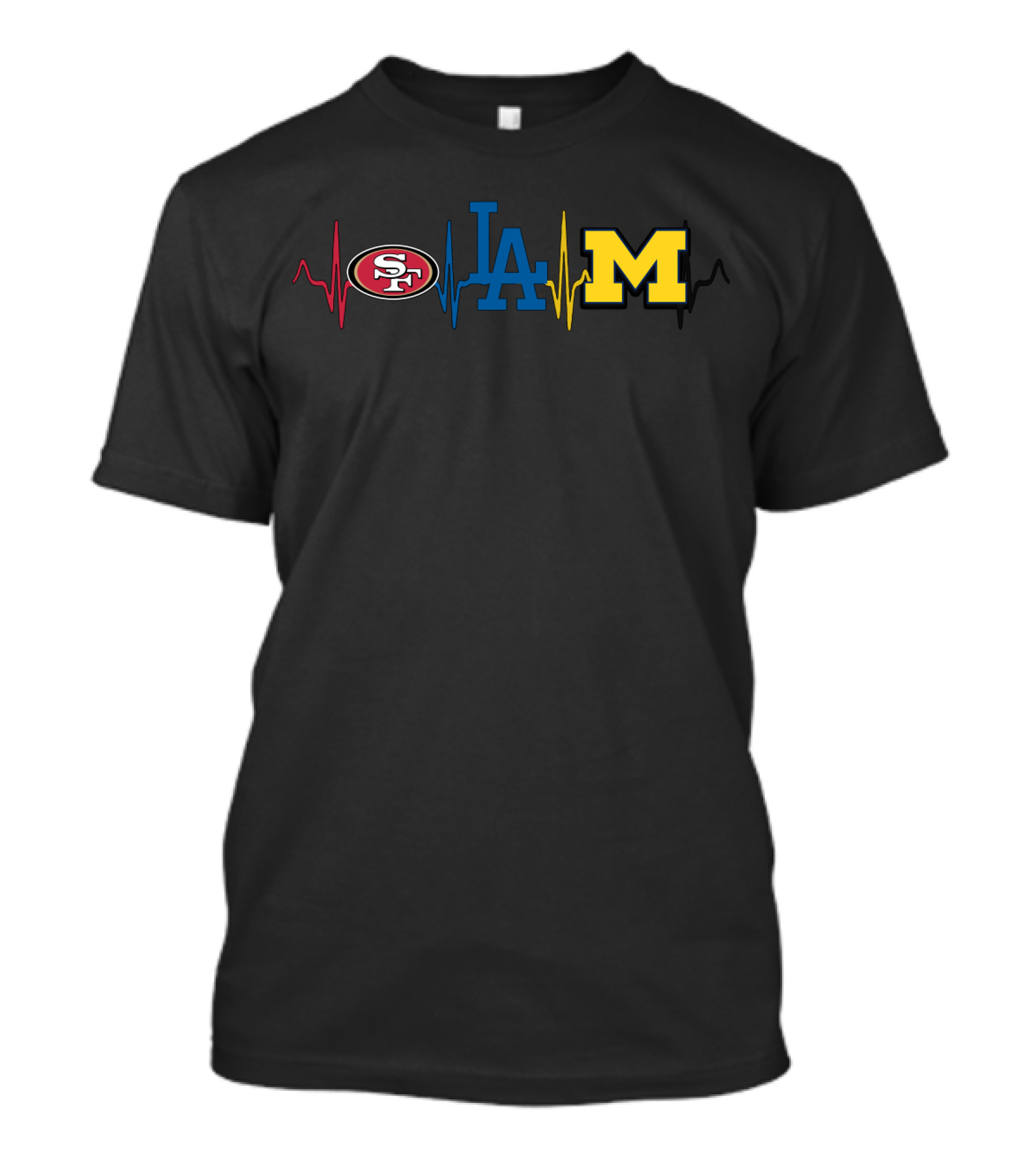 Love 49ers Dodgers Michigan Wolverines Logos Heartbeat T-Shirt