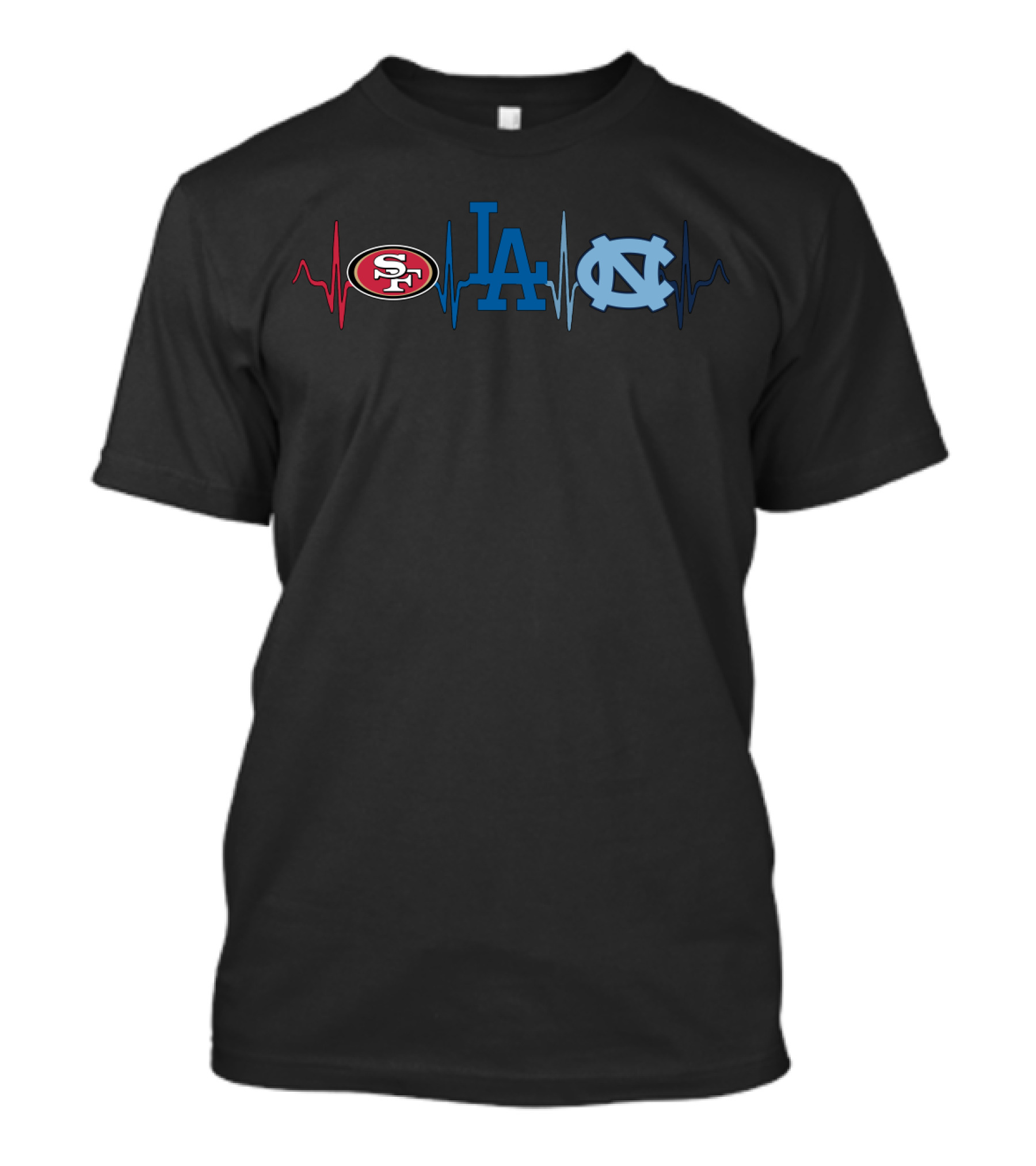 San Francisco 49ers Los Angeles Dodgers North Carolina Tar Heels Fan Heartbeat T-Shirt