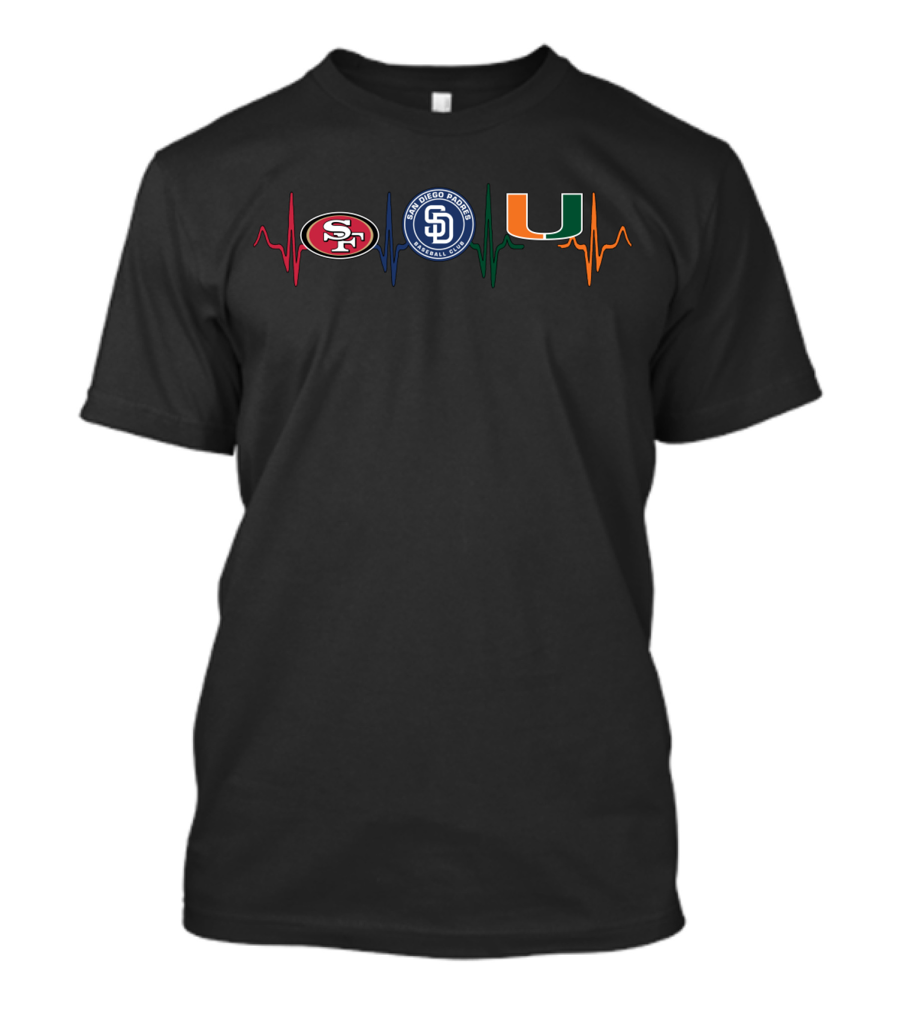 49ers San Diego Padres Miami Hurricanes Fan Heartbeat T-Shirt