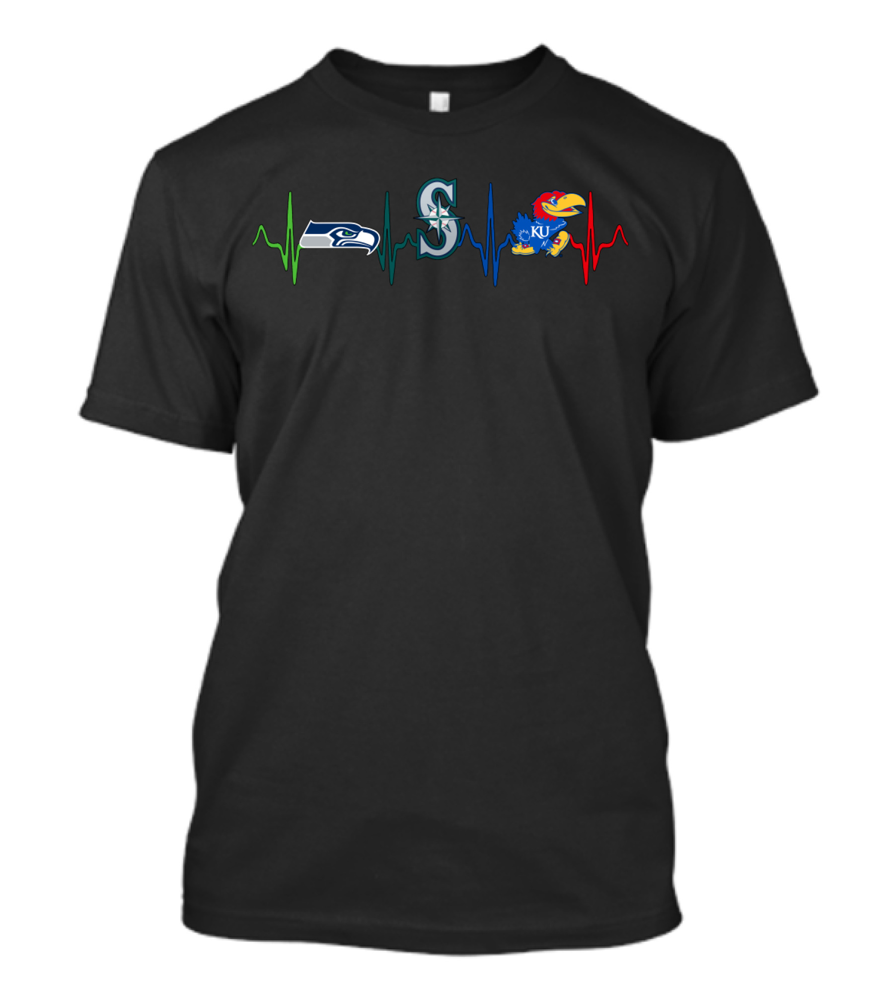 Love Seahawks Mariners Ku Jayhawks Logos With Heartbeat T-Shirt