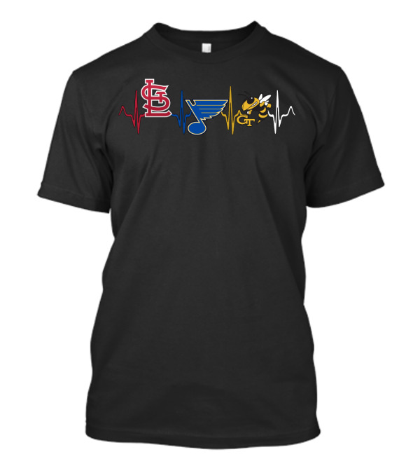 Love St. Louis Cardinals Blues Gt Yellow Jackets Fan Heartbeat T-Shirt