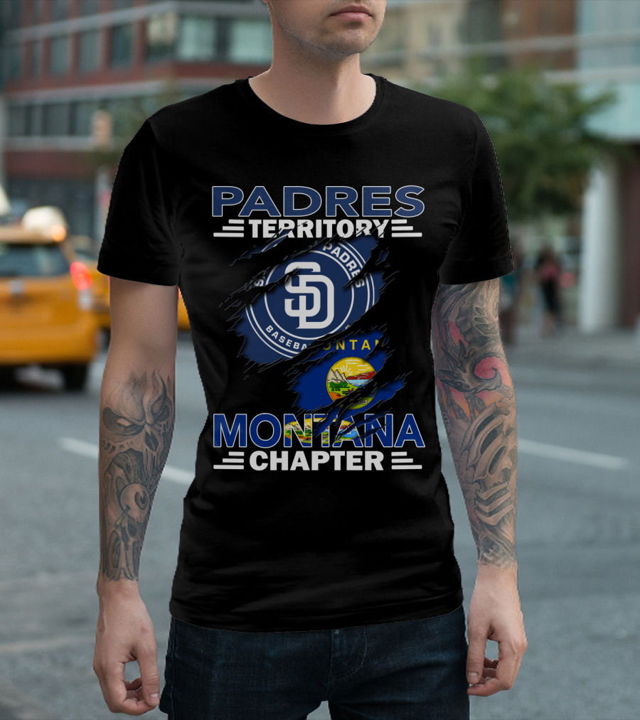 Padres Territory Montana Chapter SD Baseball Logo And Montana Flag Burst T-Shirt