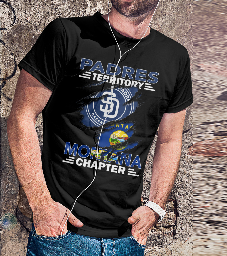 Padres Territory Montana Chapter SD Baseball Logo And Montana Flag Burst T-Shirt