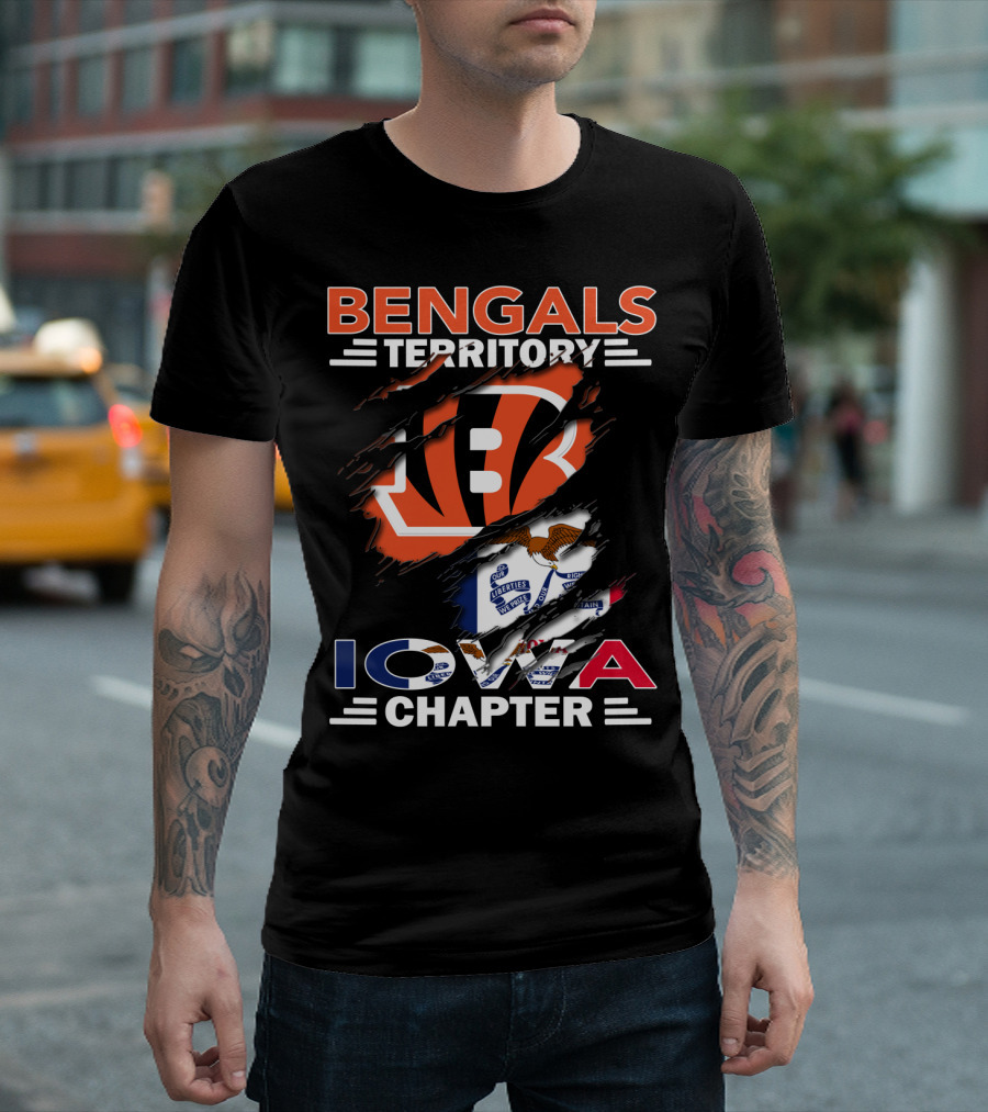 Bengals Territory Iowa Chapter with Cincinnati Bengals Logo and Iowa Flag Elements T-Shirt