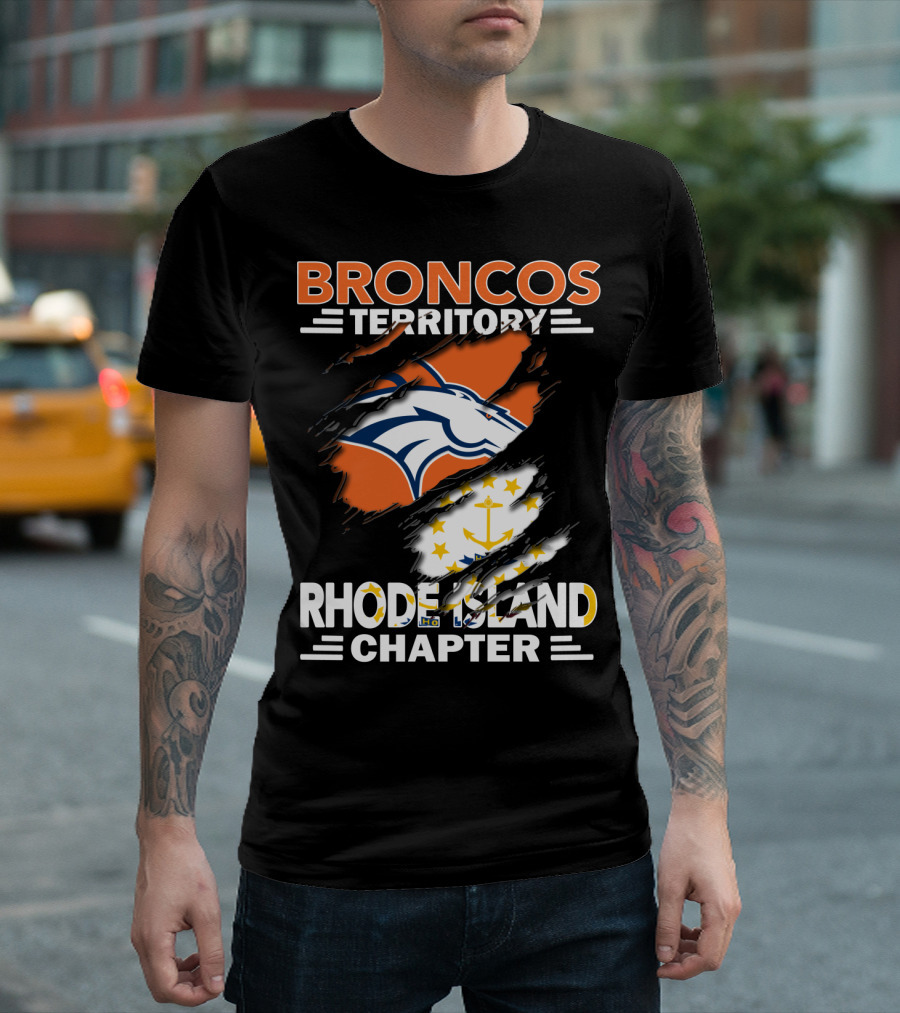 Broncos Territory Rhode Island Chapter Logo with Ripped Flag T-Shirt