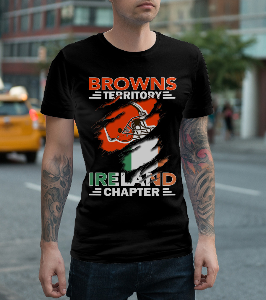 Browns Territory Ireland Chapter Helmet And Irish Flag Background T-Shirt