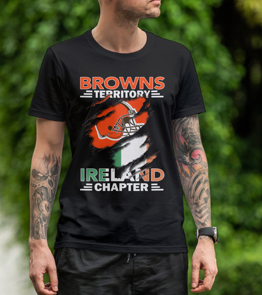 Browns Territory Ireland Chapter Helmet And Irish Flag Background T-Shirt