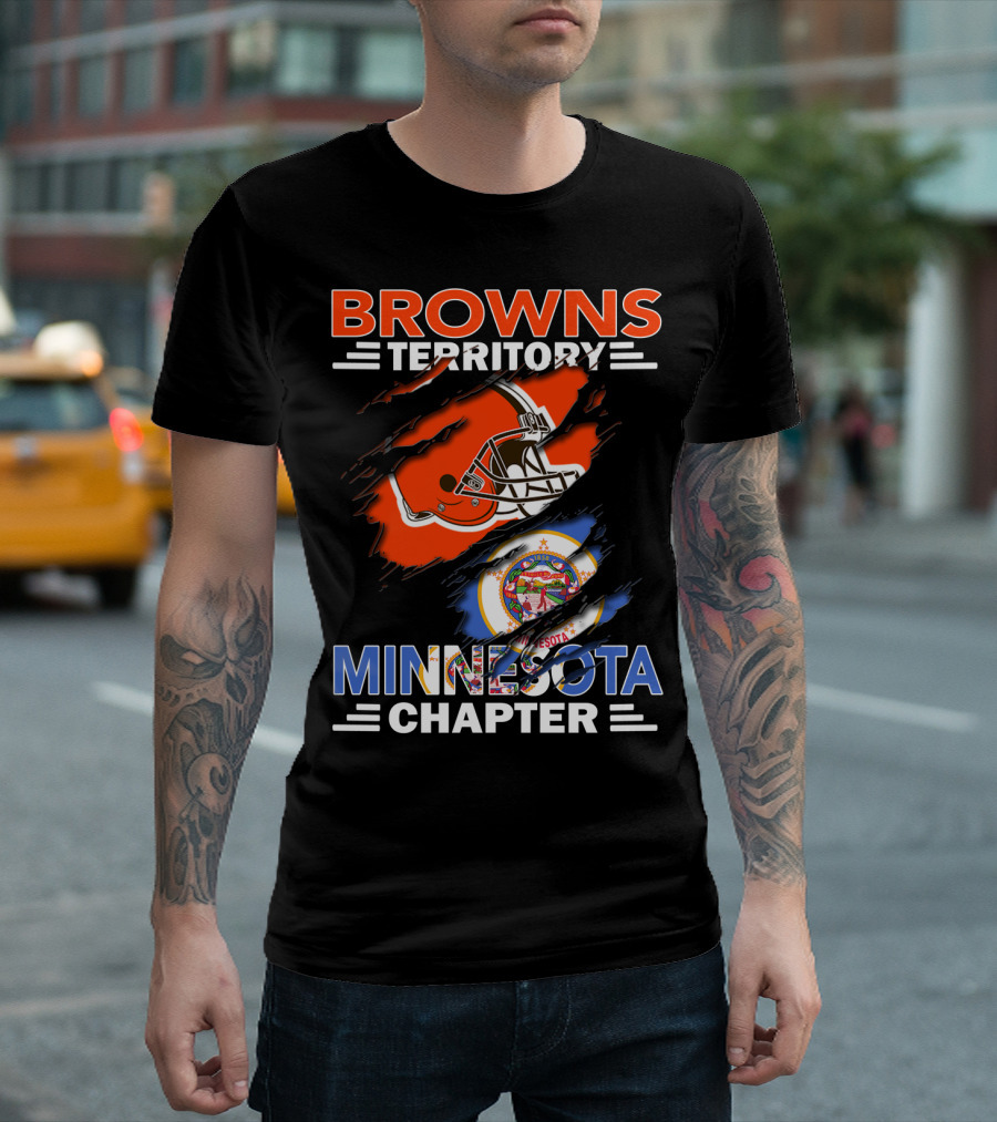Browns Territory Minnesota Chapter Football Helmet And State Emblem Orange Black Blue Bar Logo Team Flag T-Shirt