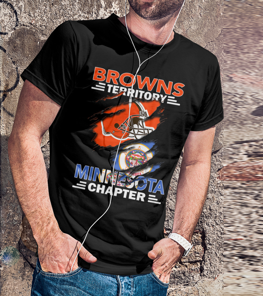 Browns Territory Minnesota Chapter Football Helmet And State Emblem Orange Black Blue Bar Logo Team Flag T-Shirt
