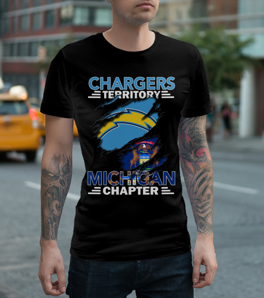 Chargers Territory Michigan Chapter Logo with Michigan State Flag and Lightning Bolt T-Shirt