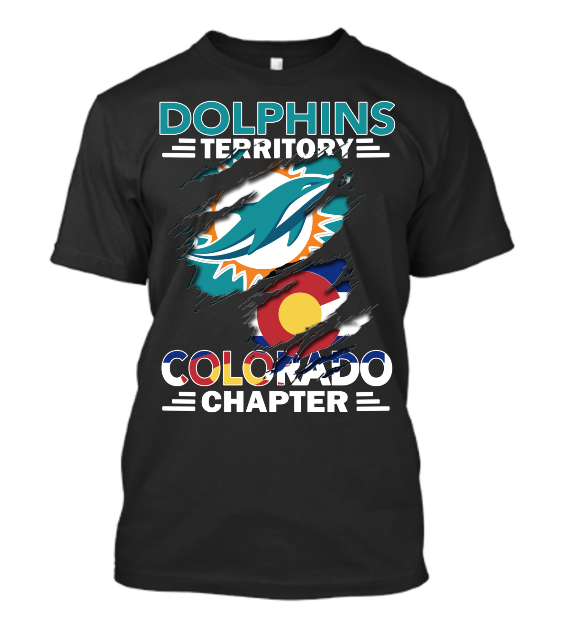 Dolphins Territory Colorado Chapter Miami Dolphins Logo And Colorado Flag T-Shirt