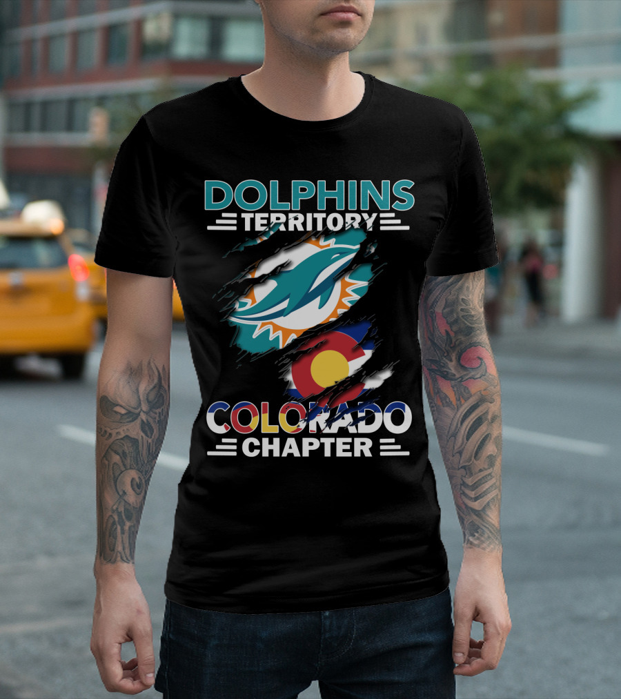 Dolphins Territory Colorado Chapter Miami Dolphins Logo and Colorado Flag T-Shirt