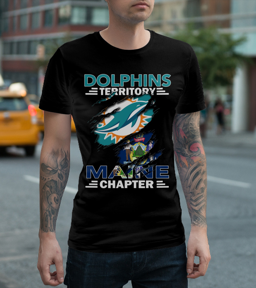 Dolphins Territory Maine Chapter Miami Dolphins Logo and Maine State Flag T-Shirt