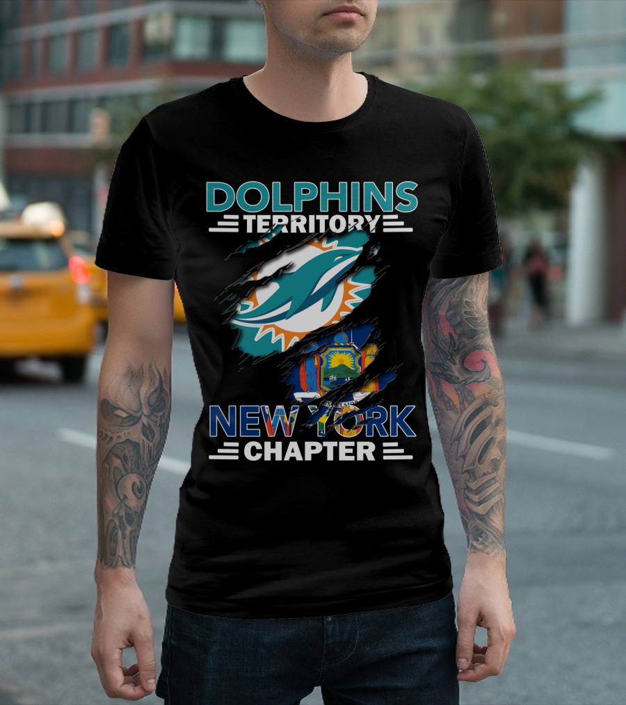 Dolphins Territory New York Chapter Miami Dolphins New York State Flag T-Shirt